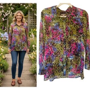 J. Jill Size M Petite Impressionist Floral Print Button Down Shirt Blouse Sheer